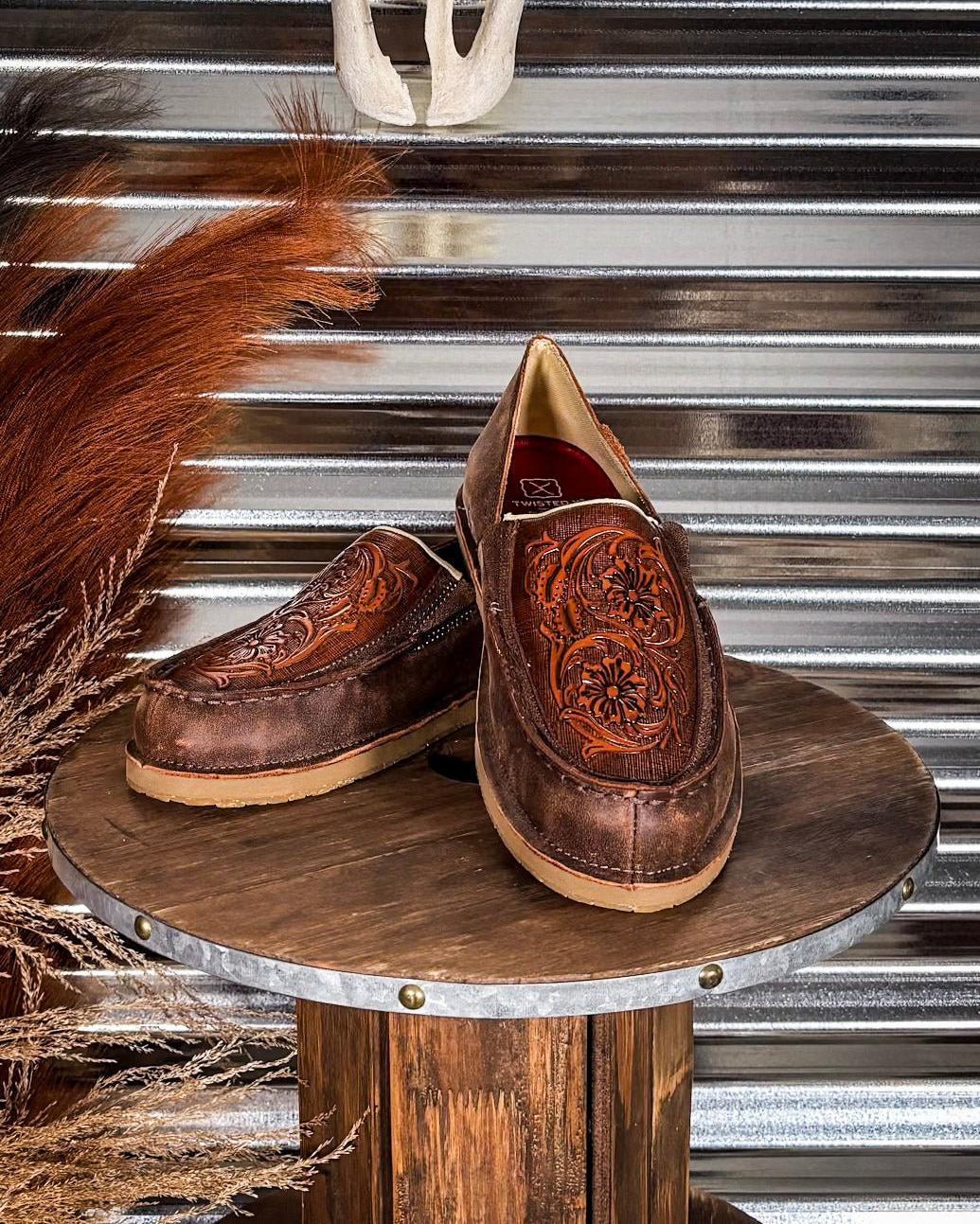 Tia Twisted X Slip - On Loafer - Chocolate Bomber & Tooled Brown
