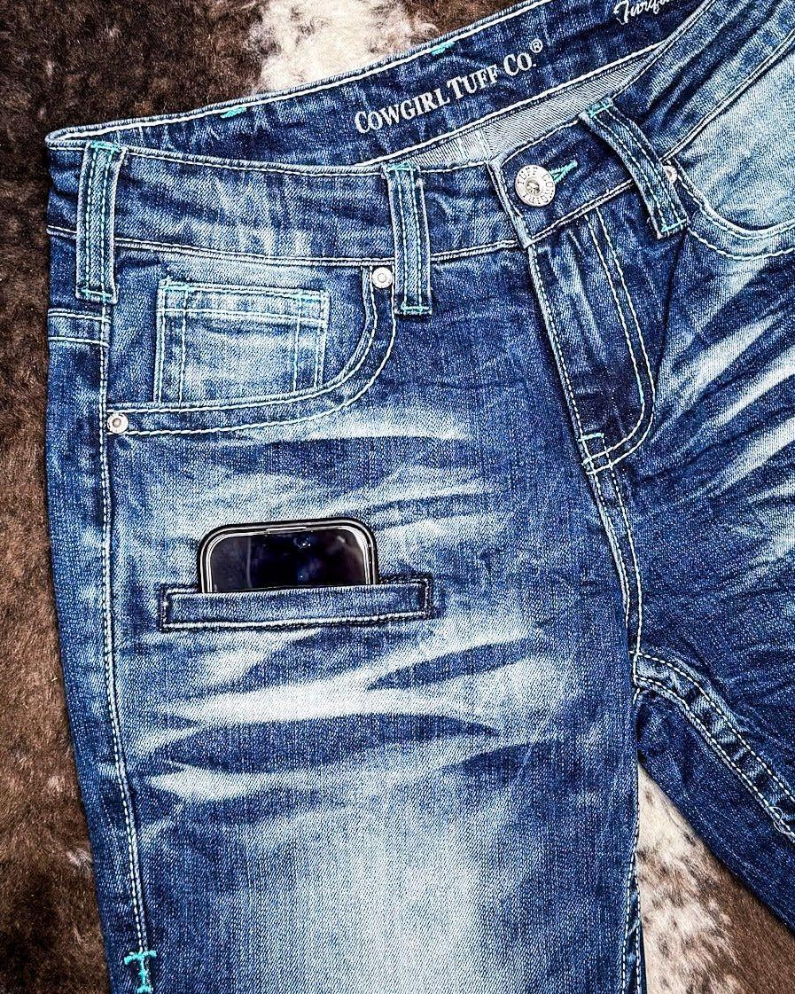 Turquoise Boot Stitch Bootcut Jeans by Cowgirl Tuff
