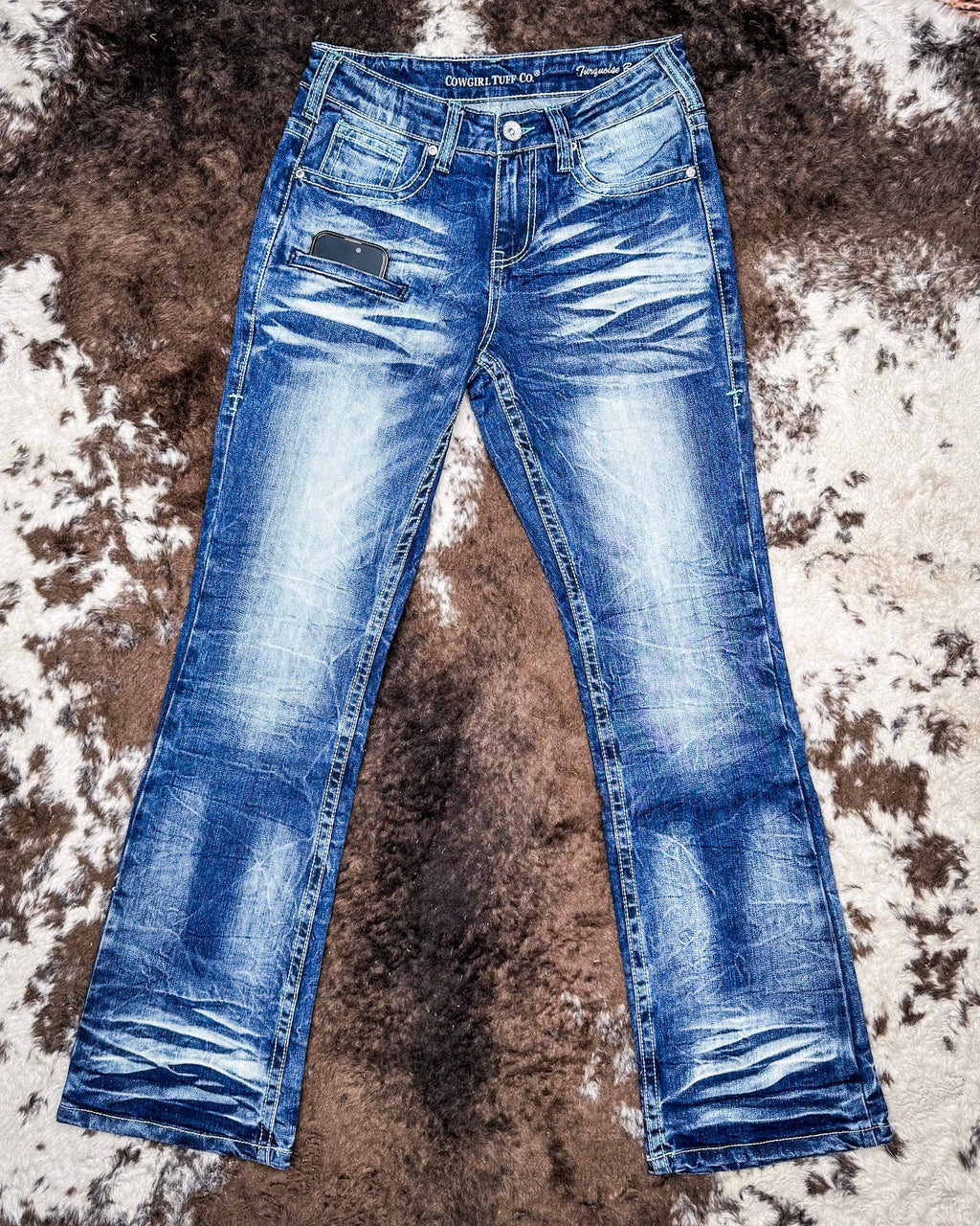 Turquoise Boot Stitch Bootcut Jeans by Cowgirl Tuff