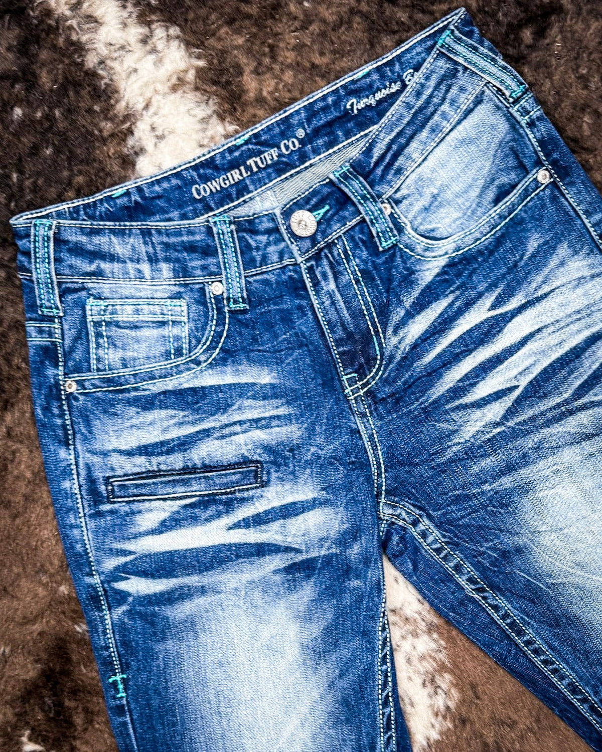 Turquoise Boot Stitch Bootcut Jeans by Cowgirl Tuff