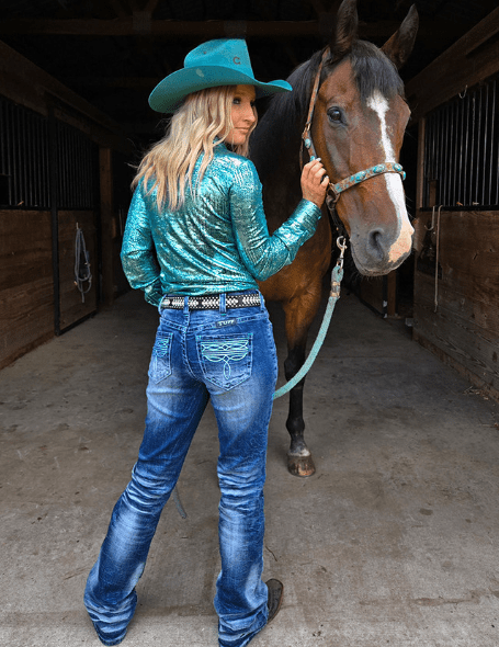 Turquoise Boot Stitch Bootcut Jeans by Cowgirl Tuff