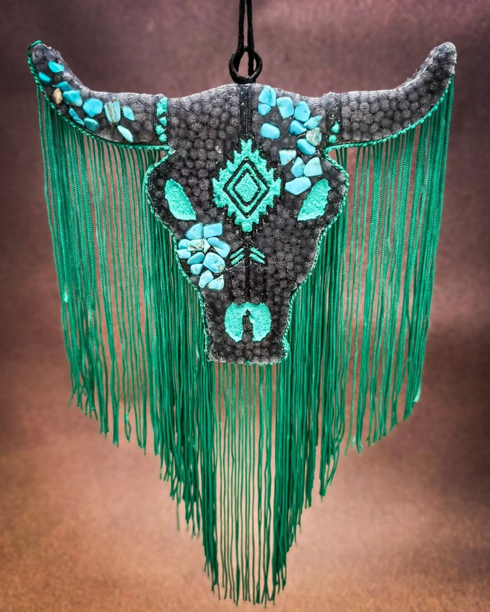 Turquoise Outlaw Bull Skull Car Freshie in Leather