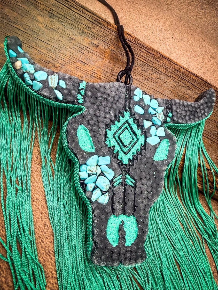 Turquoise Outlaw Bull Skull Car Freshie in Leather