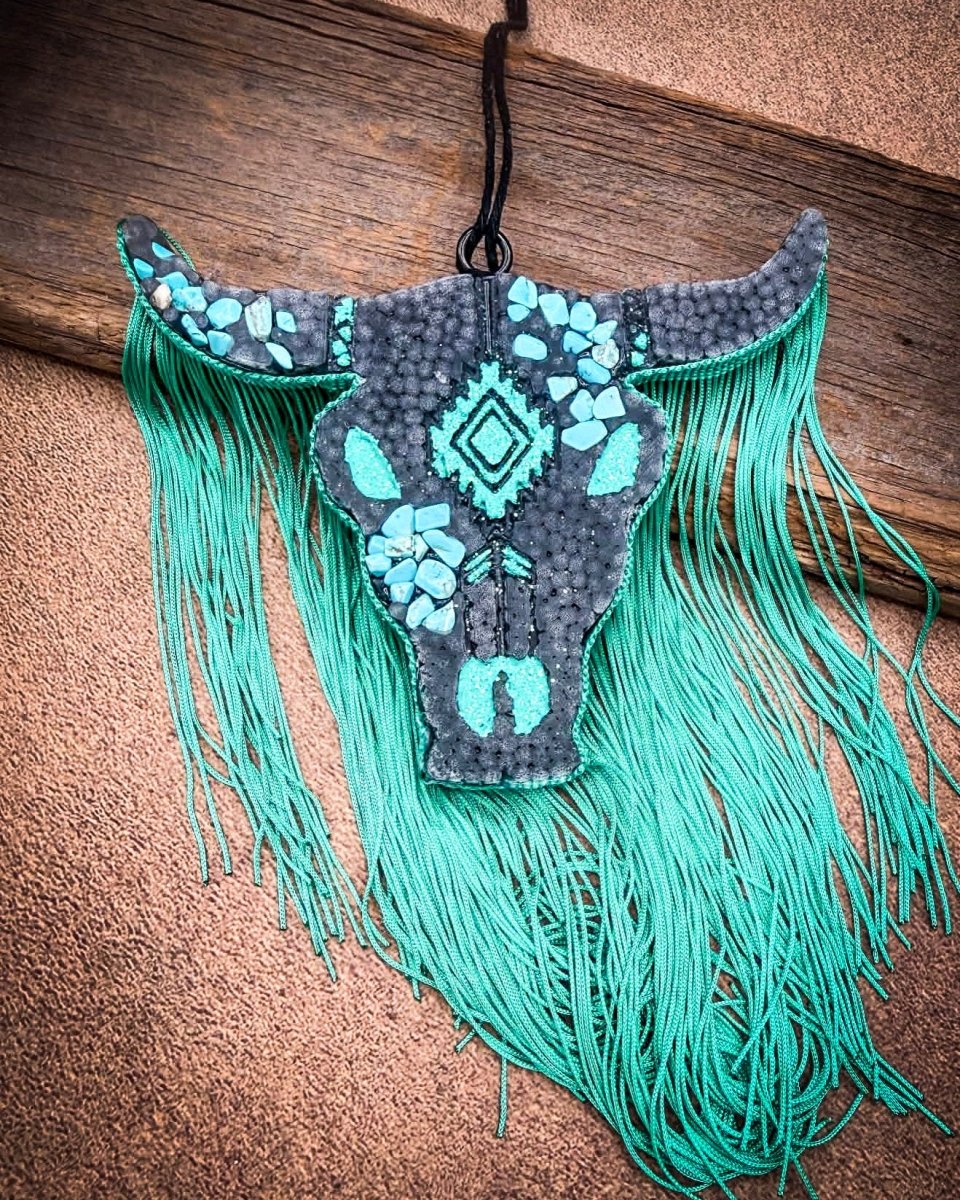 Turquoise Outlaw Bull Skull Car Freshie in Leather