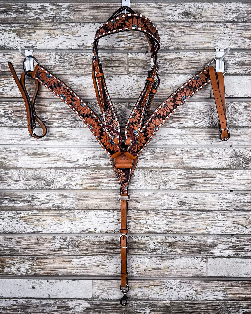 Turquoise Sunflower Tooled Breast Collar and Headstall - Pieces Sold Separate