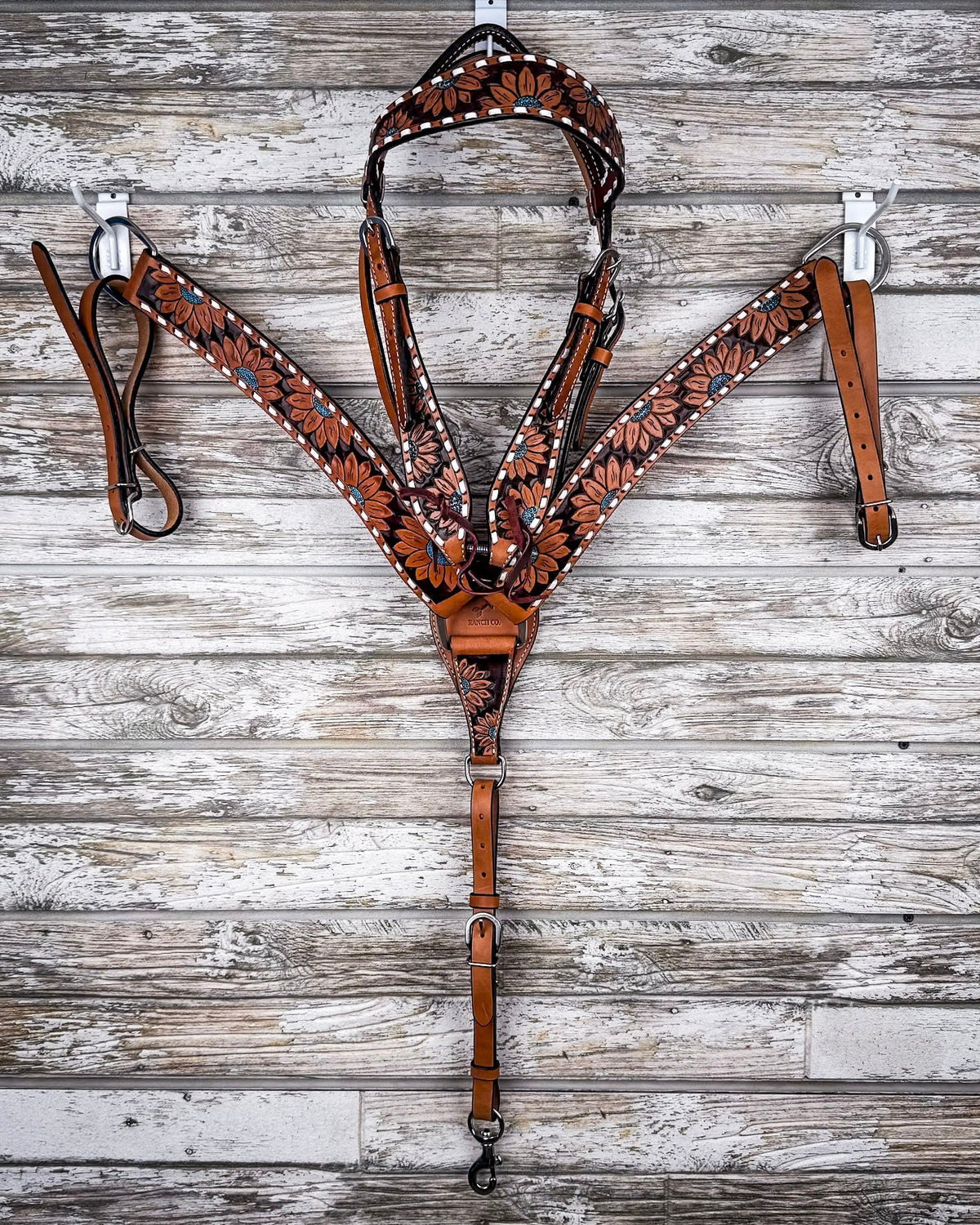 Turquoise Sunflower Tooled Breast Collar and Headstall - Pieces Sold Separate