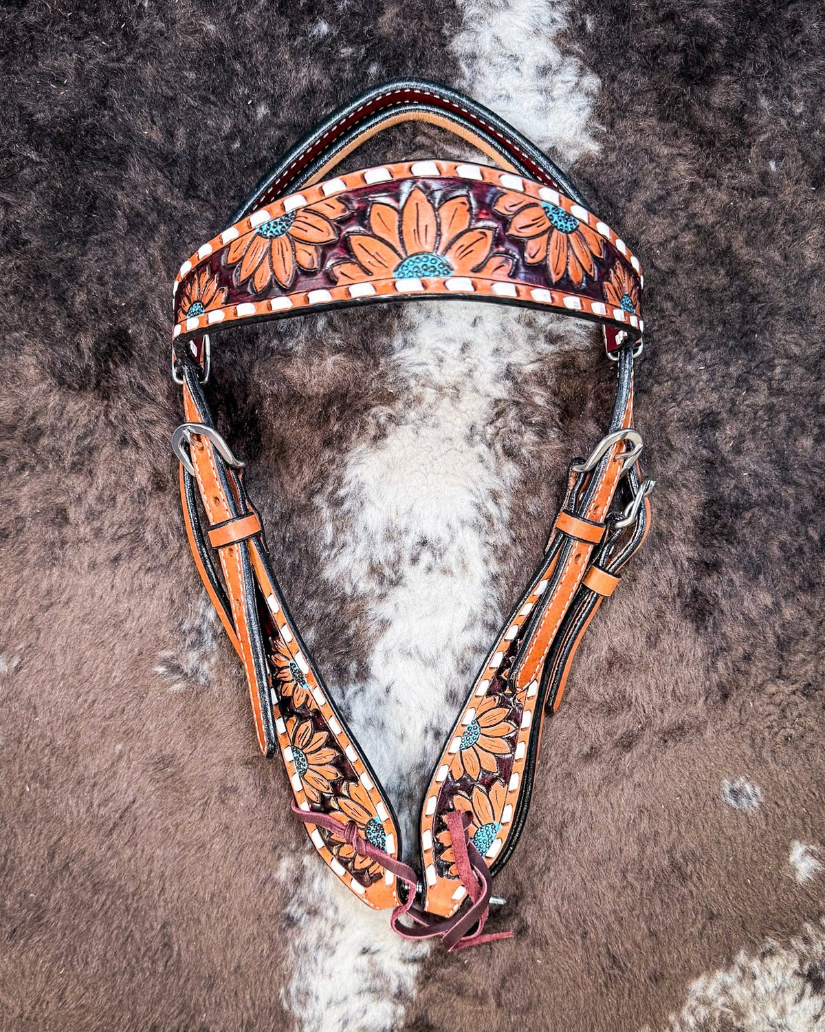 Turquoise Sunflower Tooled Breast Collar and Headstall - Pieces Sold Separate