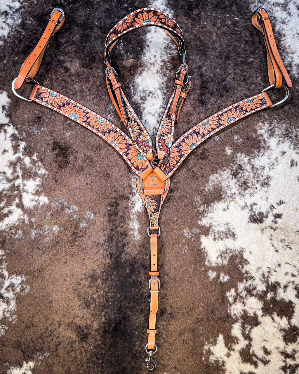 Turquoise Sunflower Tooled Breast Collar and Headstall - Pieces Sold Separate