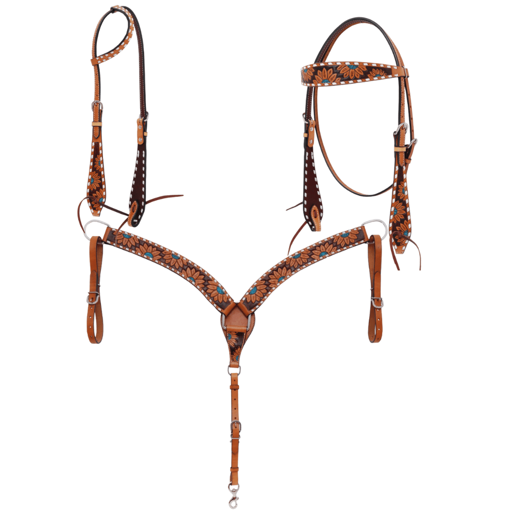 Turquoise Sunflower Tooled Breast Collar and Headstall - Pieces Sold Separate