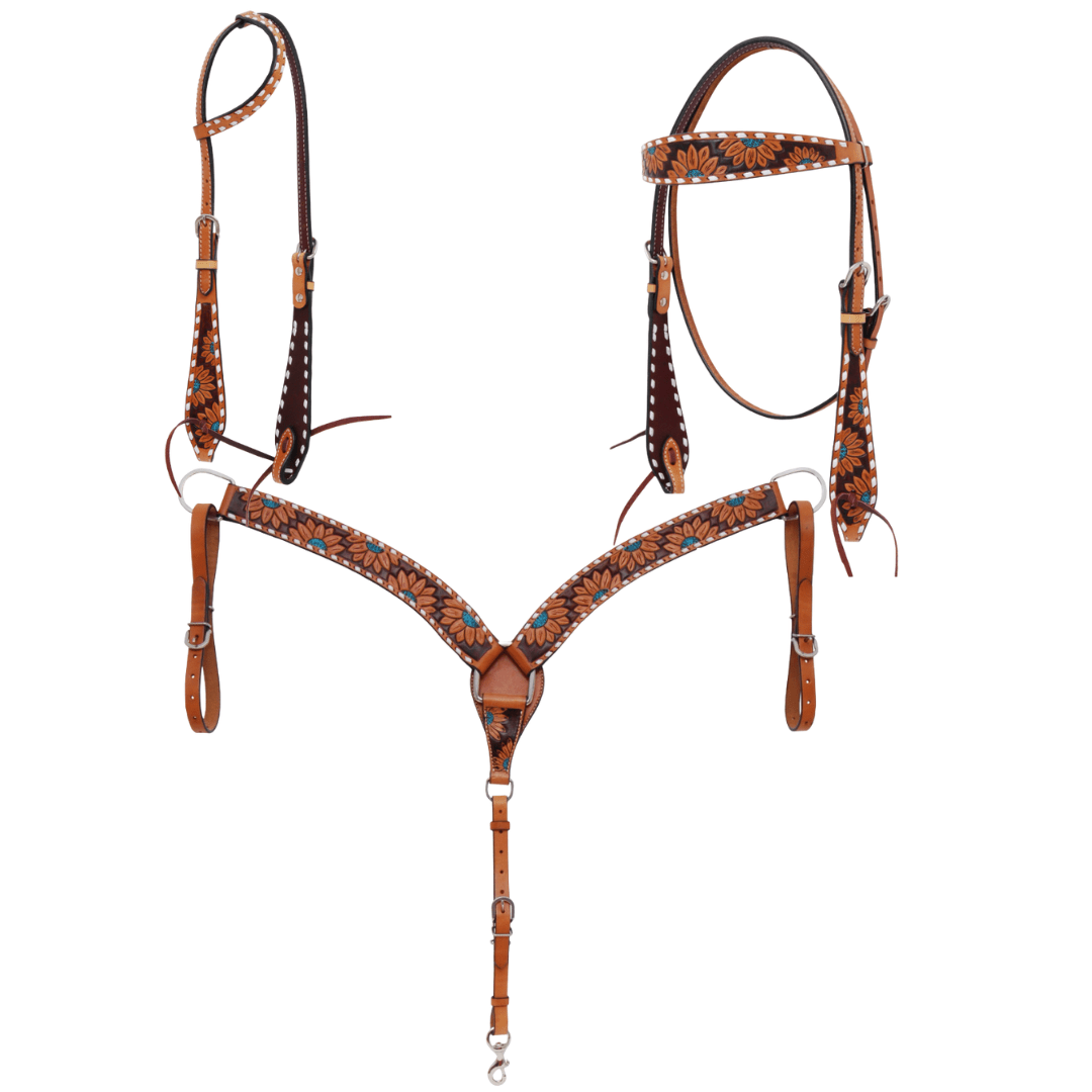 Turquoise Sunflower Tooled Breast Collar and Headstall - Pieces Sold Separate