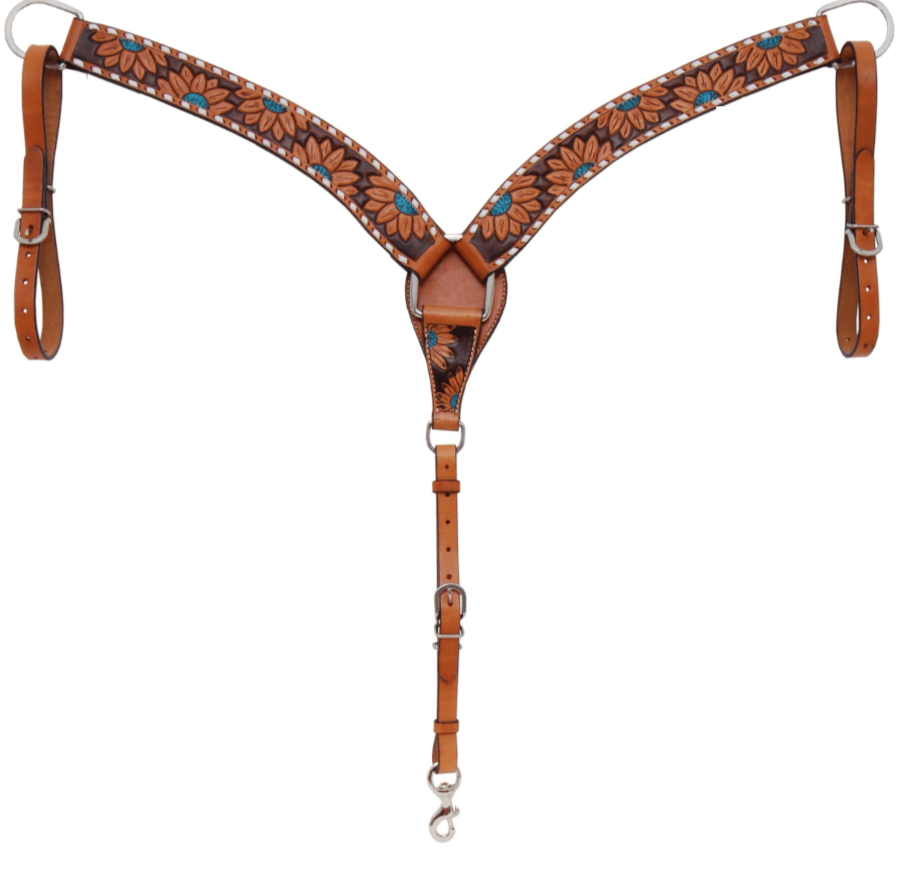 Turquoise Sunflower Tooled Breast Collar and Headstall - Pieces Sold Separate
