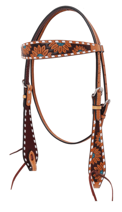 Turquoise Sunflower Tooled Breast Collar and Headstall - Pieces Sold Separate