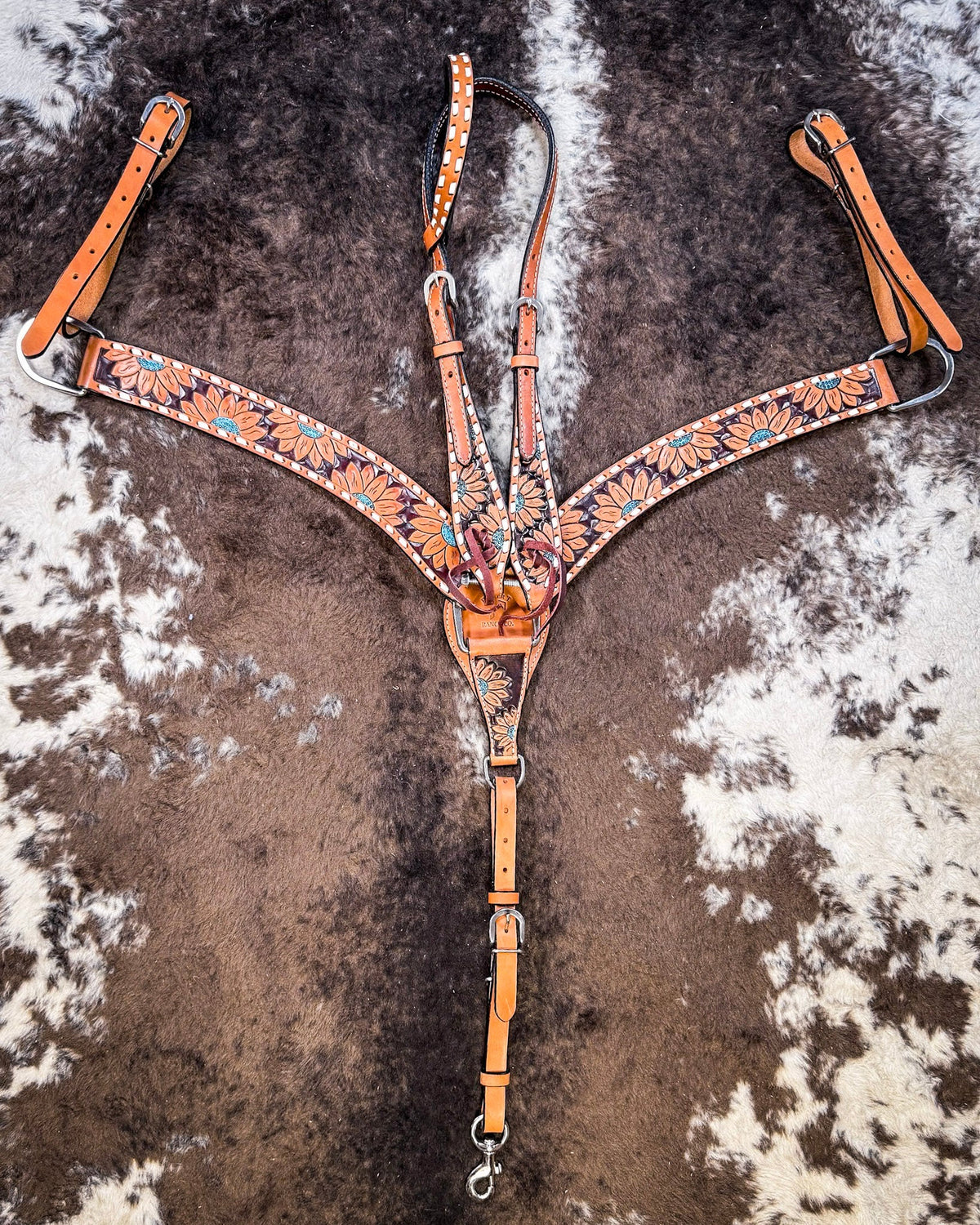 Turquoise Sunflower Tooled Breast Collar and Headstall - Pieces Sold Separate