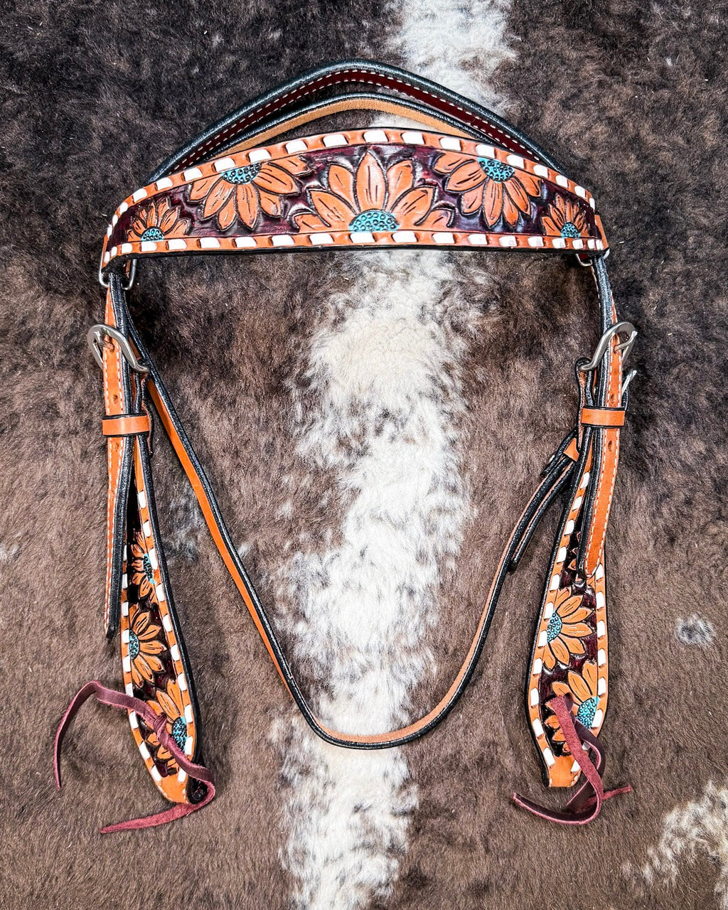 Turquoise Sunflower Tooled Breast Collar and Headstall - Pieces Sold Separate