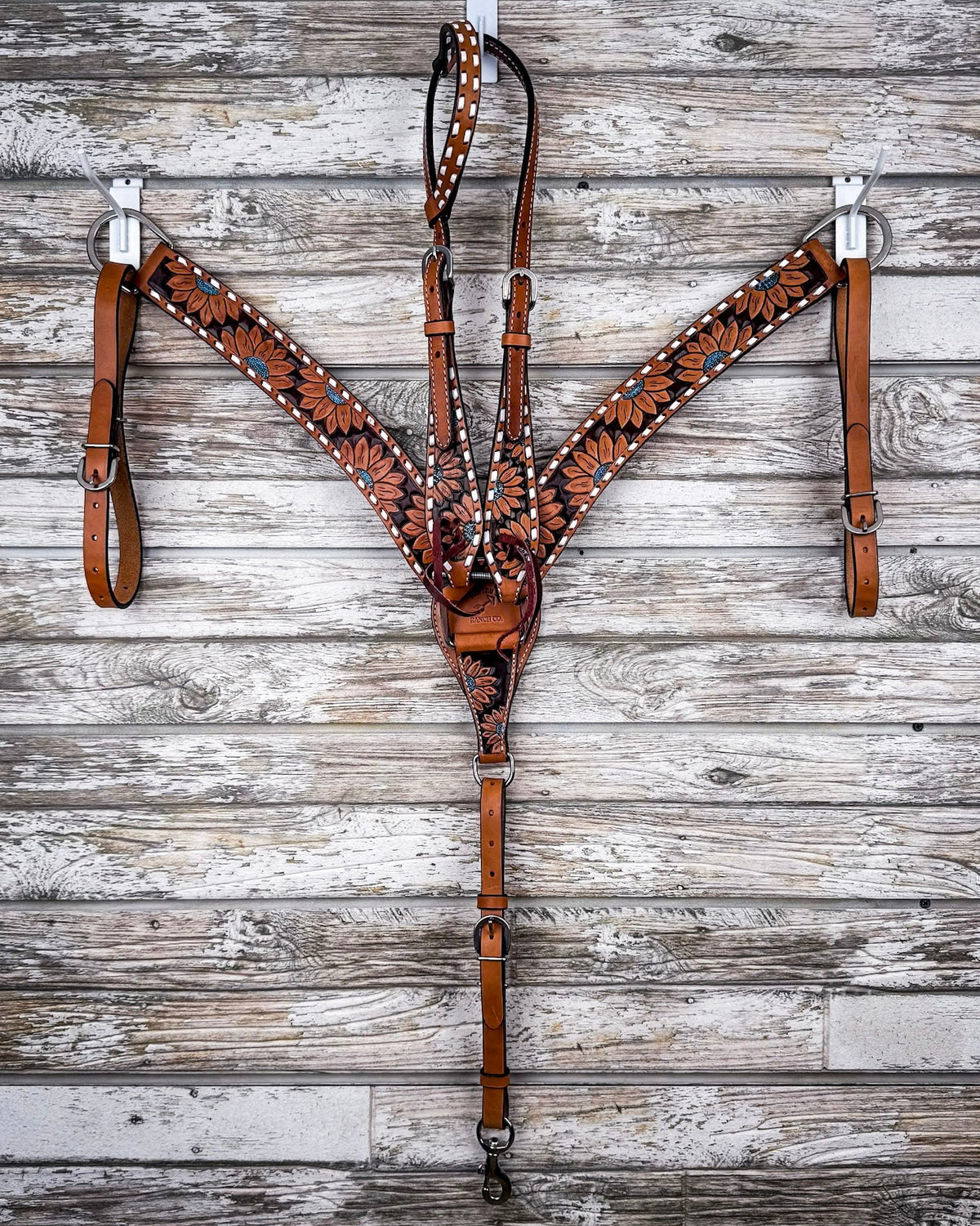 Turquoise Sunflower Tooled Breast Collar and Headstall - Pieces Sold Separate