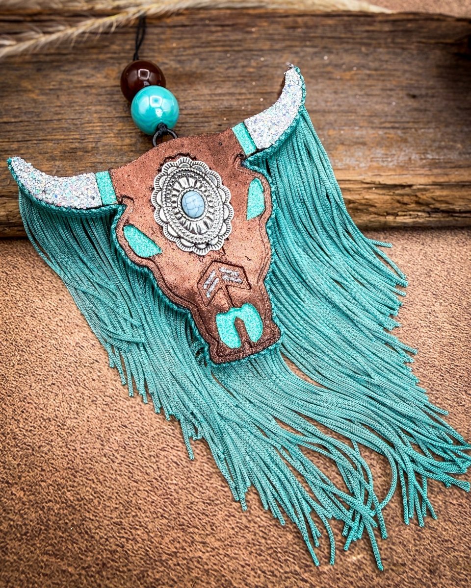 Turquoise Trouble Bull Skull Car Freshie in Leather & Lace