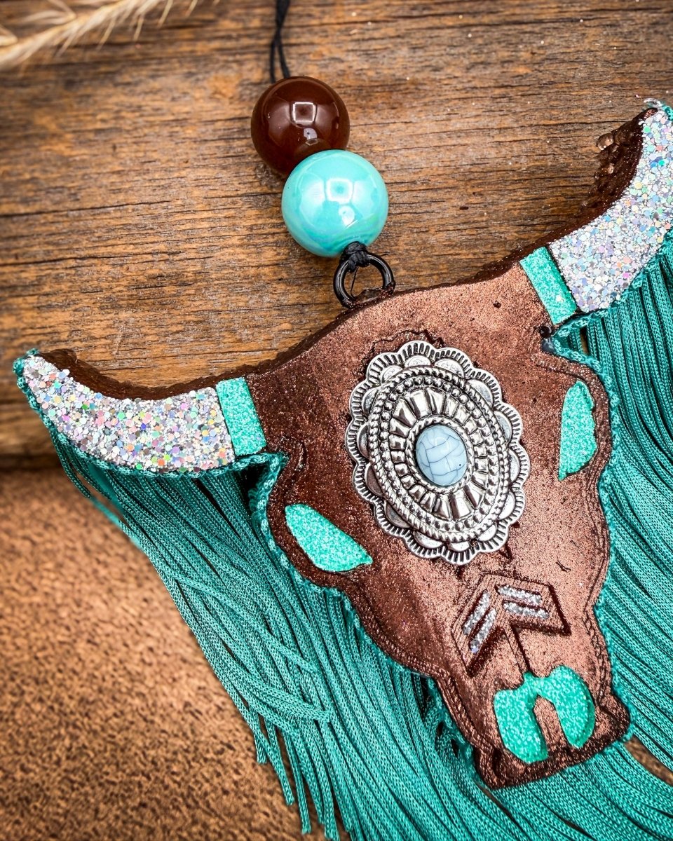 Turquoise Trouble Bull Skull Car Freshie in Leather & Lace