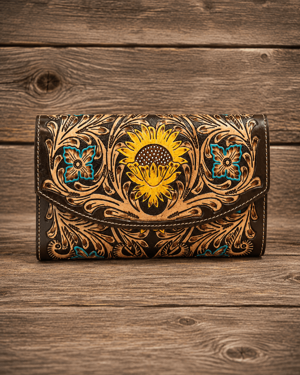Utsav Sunflower Tooled Leather Wallet by Myra Bag