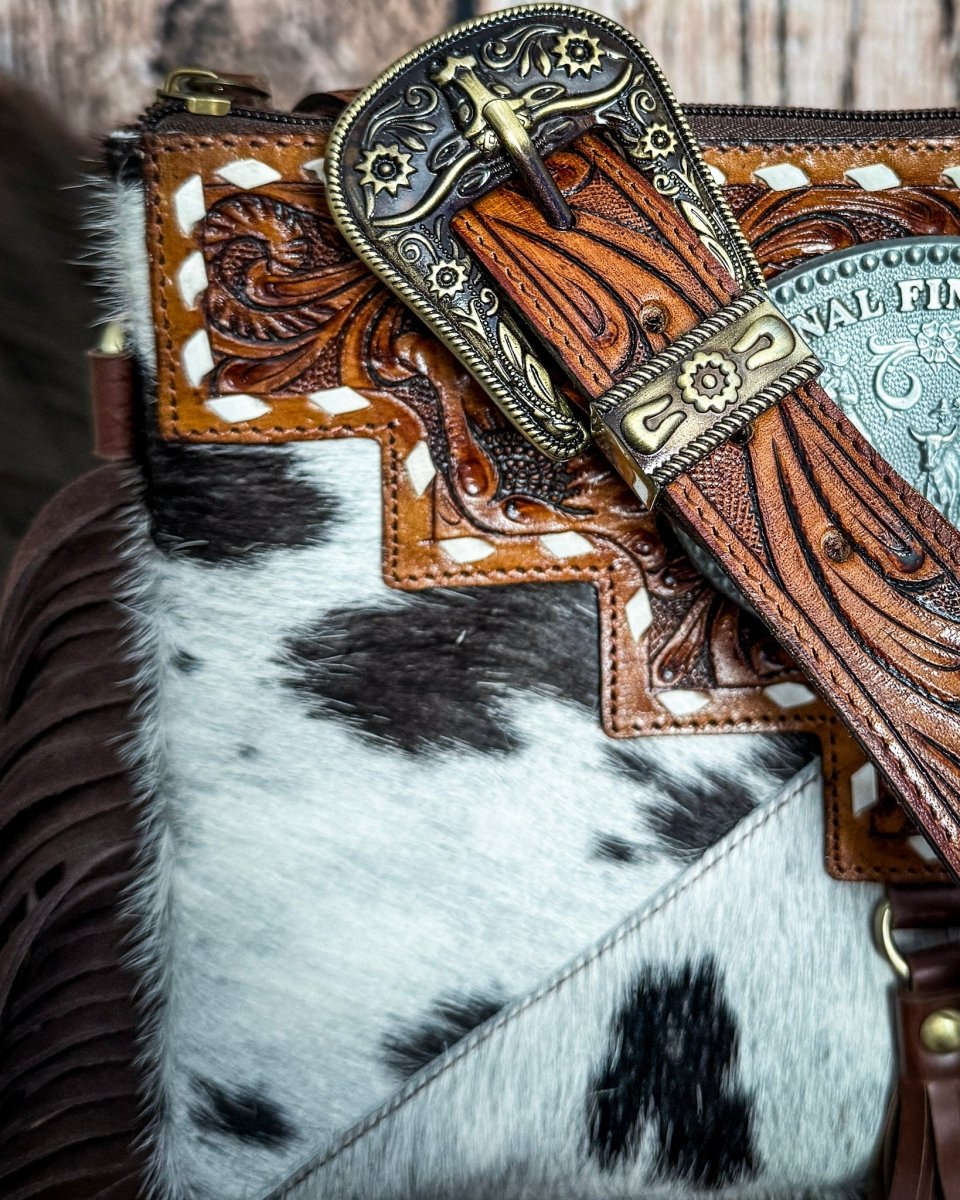 Vegas Vintage Rodeo Buckle Leather and Hide Crossbody Bag by Countryside Co.
