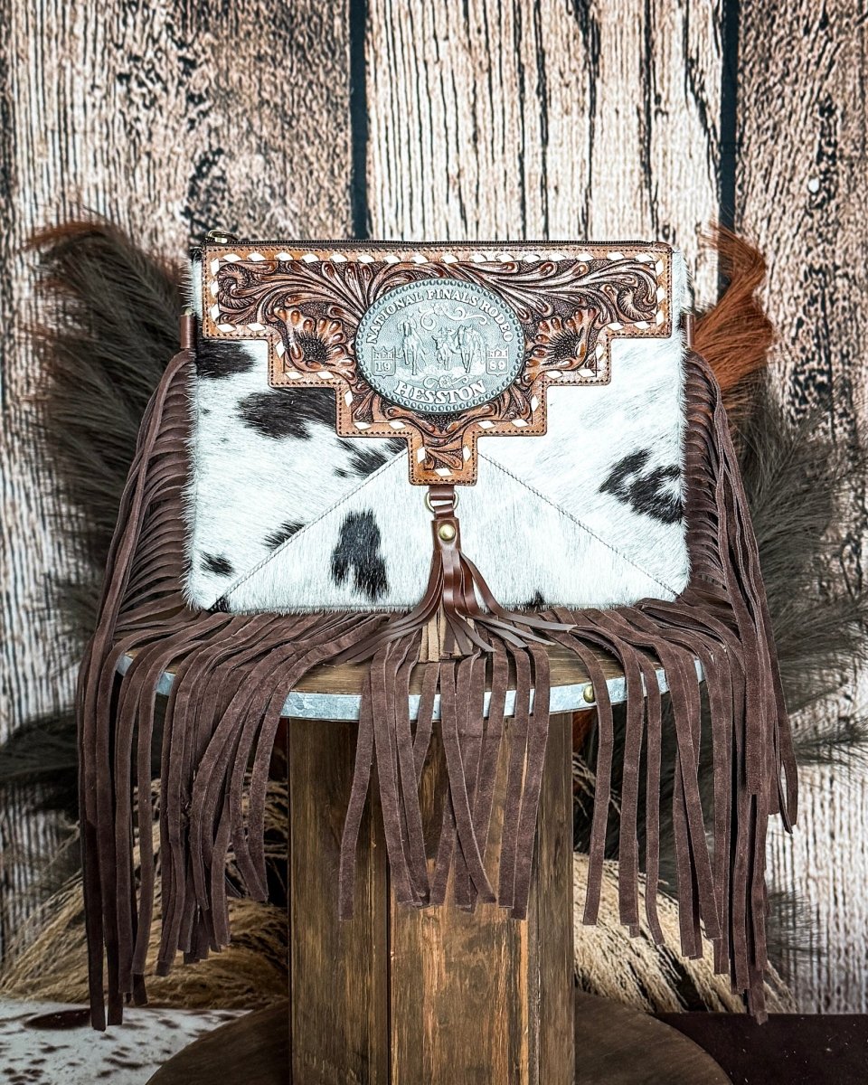 Vegas Vintage Rodeo Buckle Leather and Hide Crossbody Bag by Countryside Co.