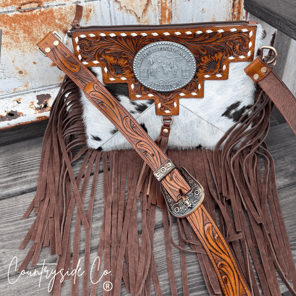 Vegas Vintage Rodeo Buckle Leather and Hide Crossbody Bag by Countryside Co.
