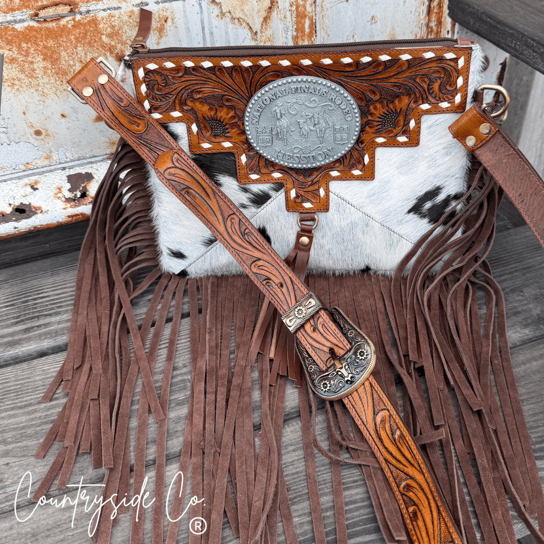 Vegas Vintage Rodeo Buckle Leather and Hide Crossbody Bag by Countryside Co.