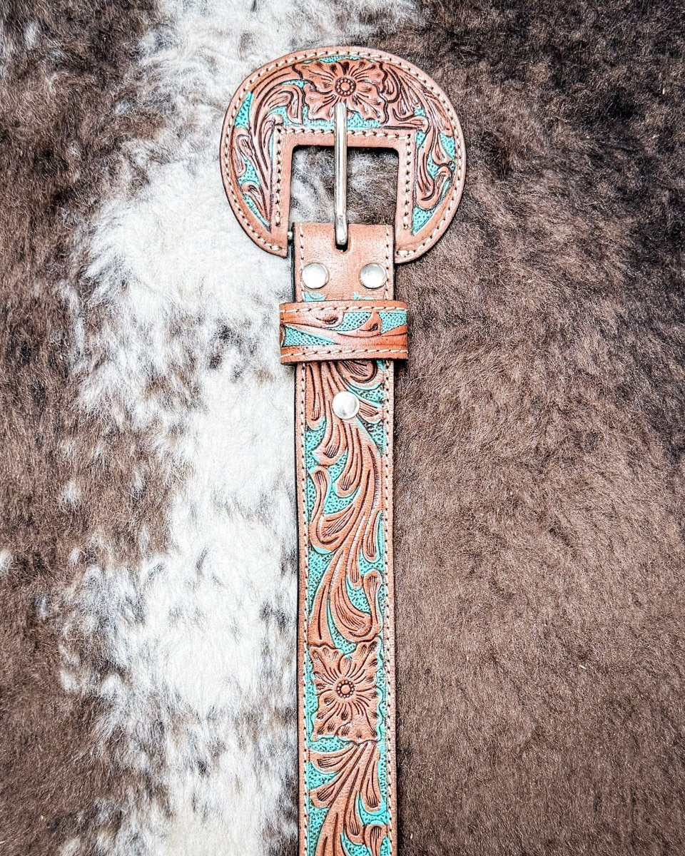 Western Wreath Leather Belt in Bronco Sky by Myra Bag