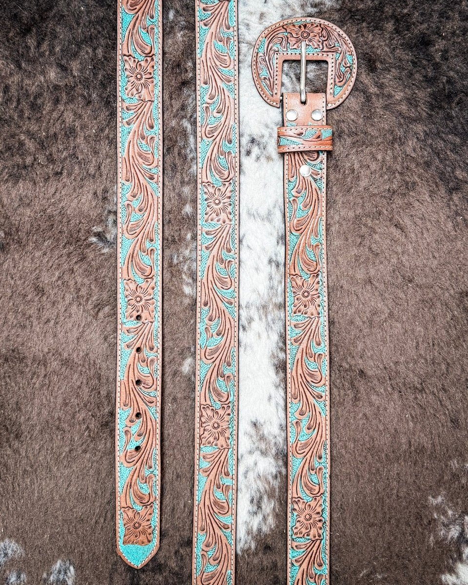 Western Wreath Leather Belt in Bronco Sky by Myra Bag