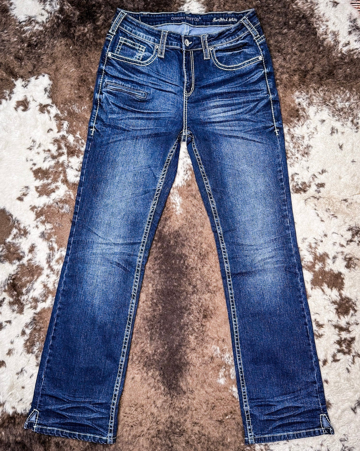 White Boot Stitch Bootcut Jeans by Cowgirl Tuff