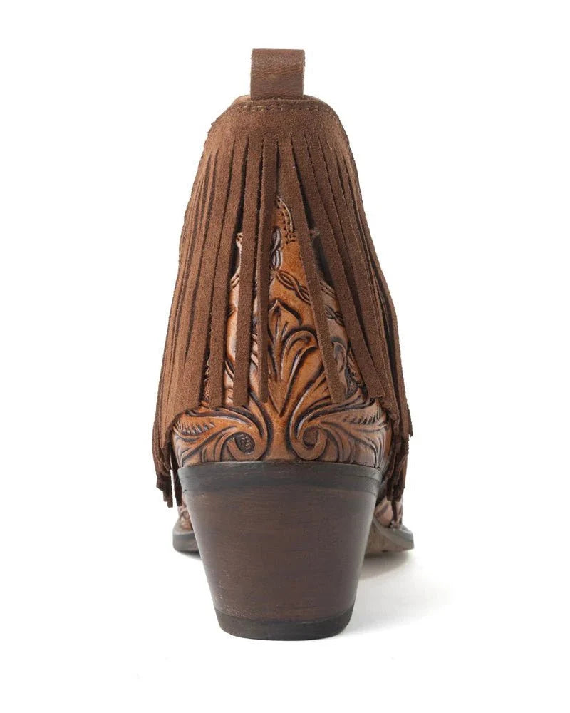 Wild Ember Fringed Handtooled Leather Booties in Golden Rust by Myra Bag