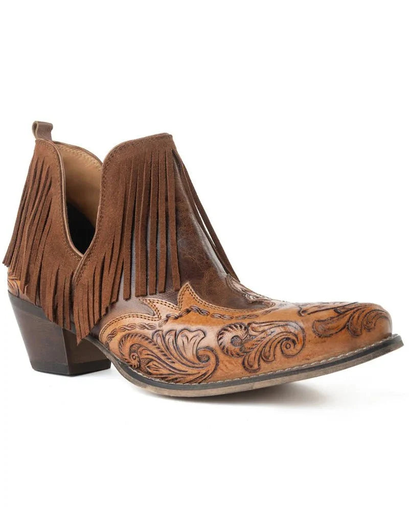 Wild Ember Fringed Handtooled Leather Booties in Golden Rust by Myra Bag