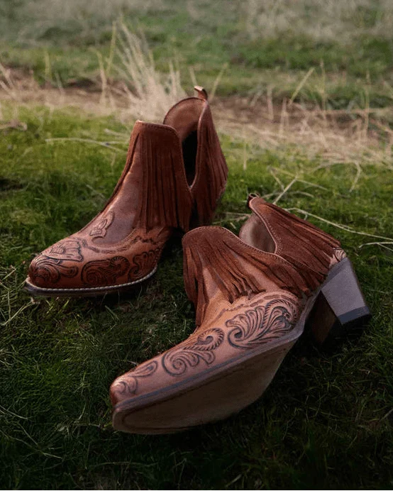 Wild Ember Fringed Handtooled Leather Booties in Golden Rust by Myra Bag