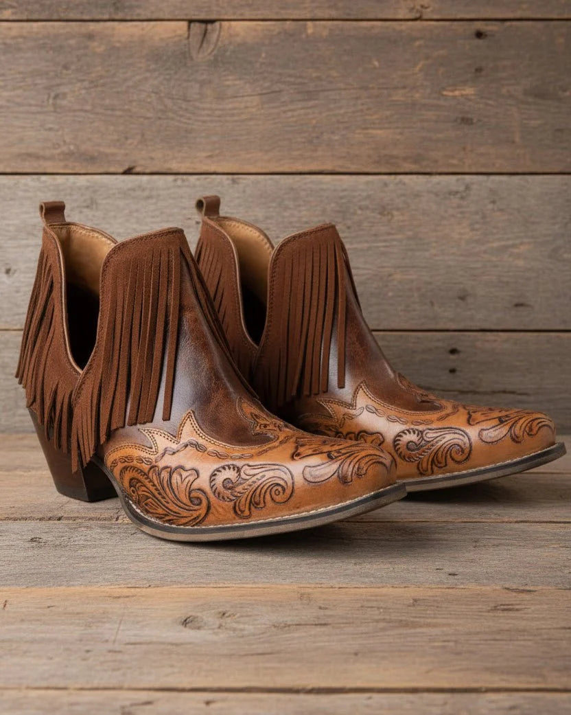 Wild Ember Fringed Handtooled Leather Booties in Golden Rust by Myra Bag