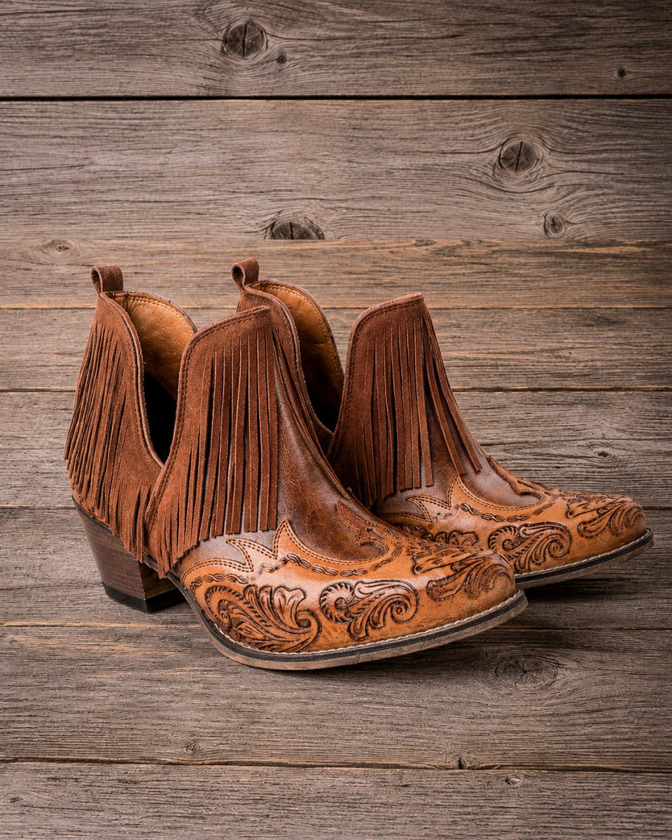 Wild Ember Fringed Handtooled Leather Booties in Golden Rust by Myra Bag