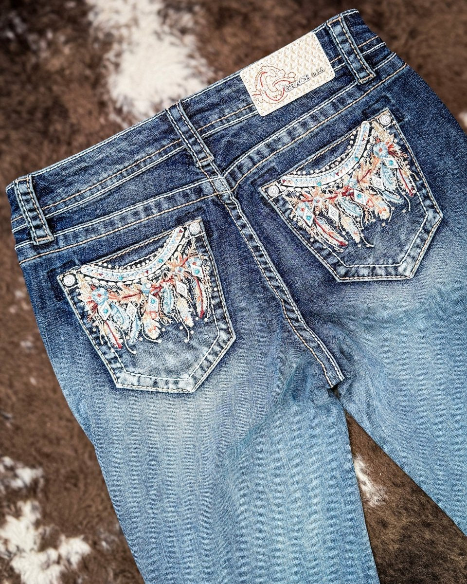Windswept Feather Easy Boot Jeans in Dark Wash by Grace in LA