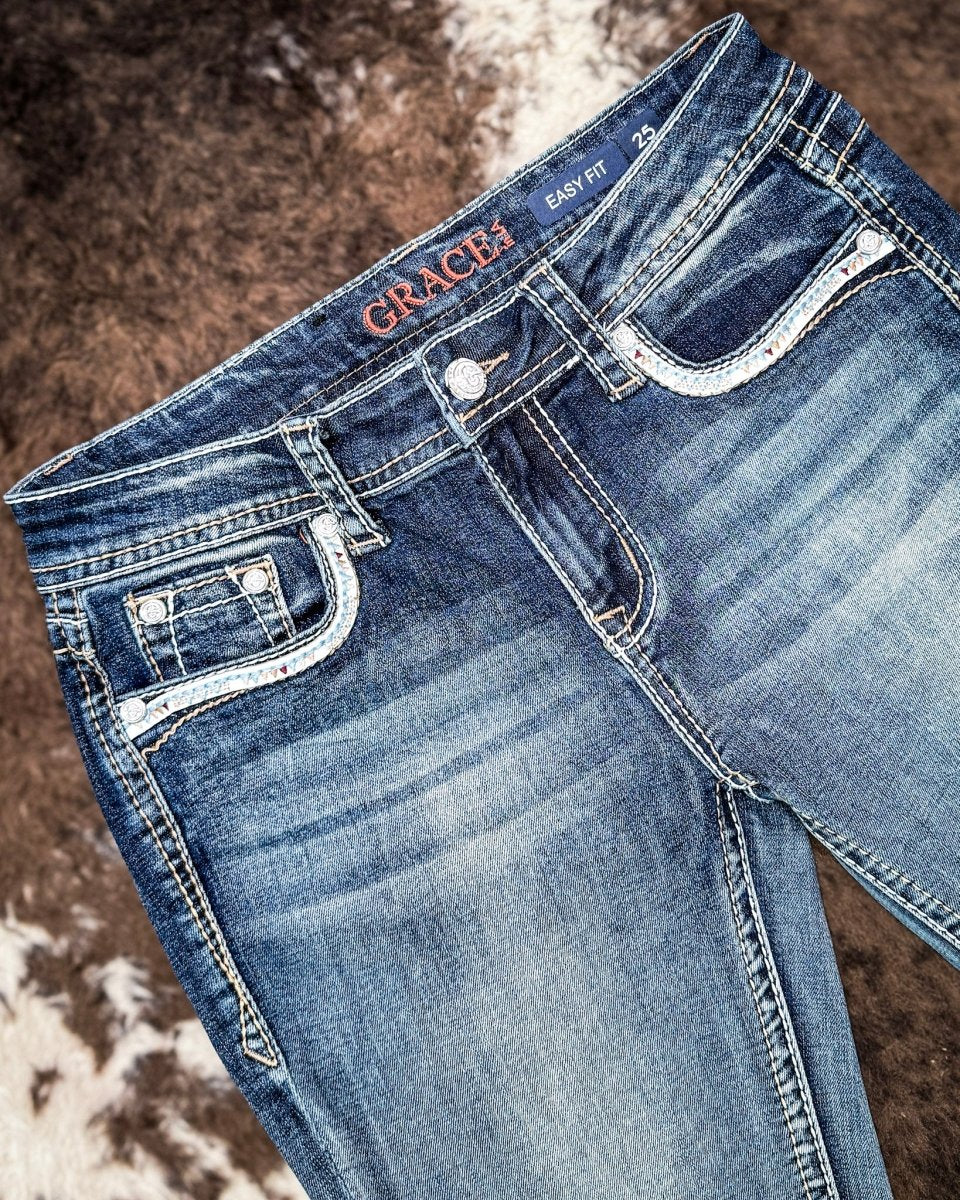 Windswept Feather Easy Boot Jeans in Dark Wash by Grace in LA