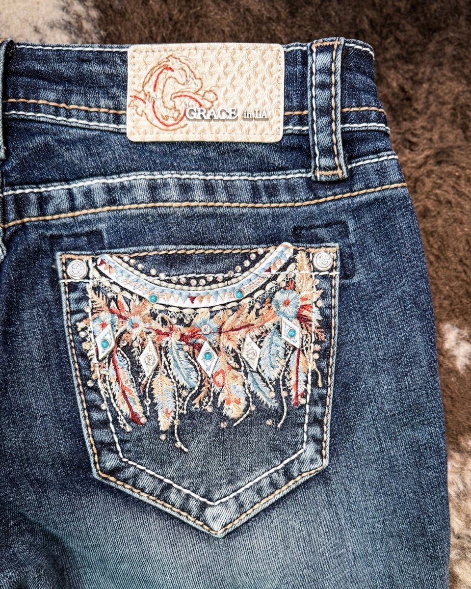 Windswept Feather Easy Boot Jeans in Dark Wash by Grace in LA