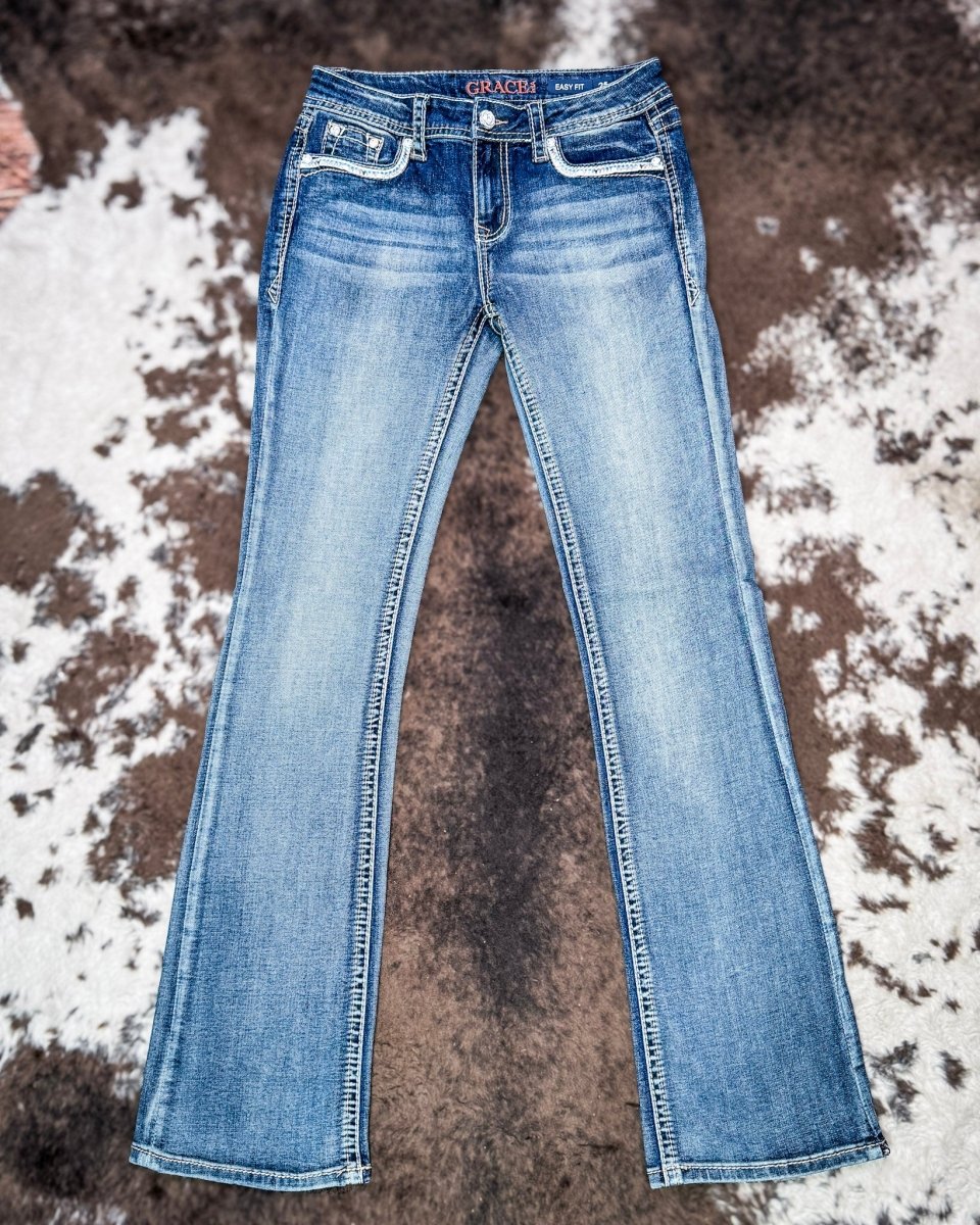 Windswept Feather Easy Boot Jeans in Dark Wash by Grace in LA