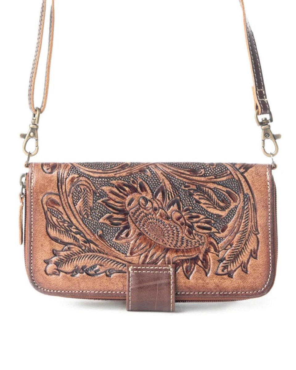 Xenial Tooled Leather Crossbody Wallet by Myra Bag