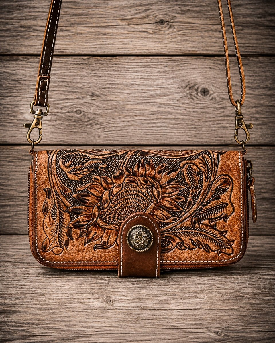 Xenial Tooled Leather Crossbody Wallet by Myra Bag
