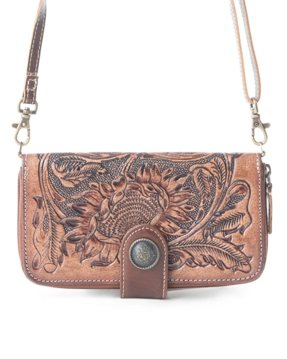 Xenial Tooled Leather Crossbody Wallet by Myra Bag