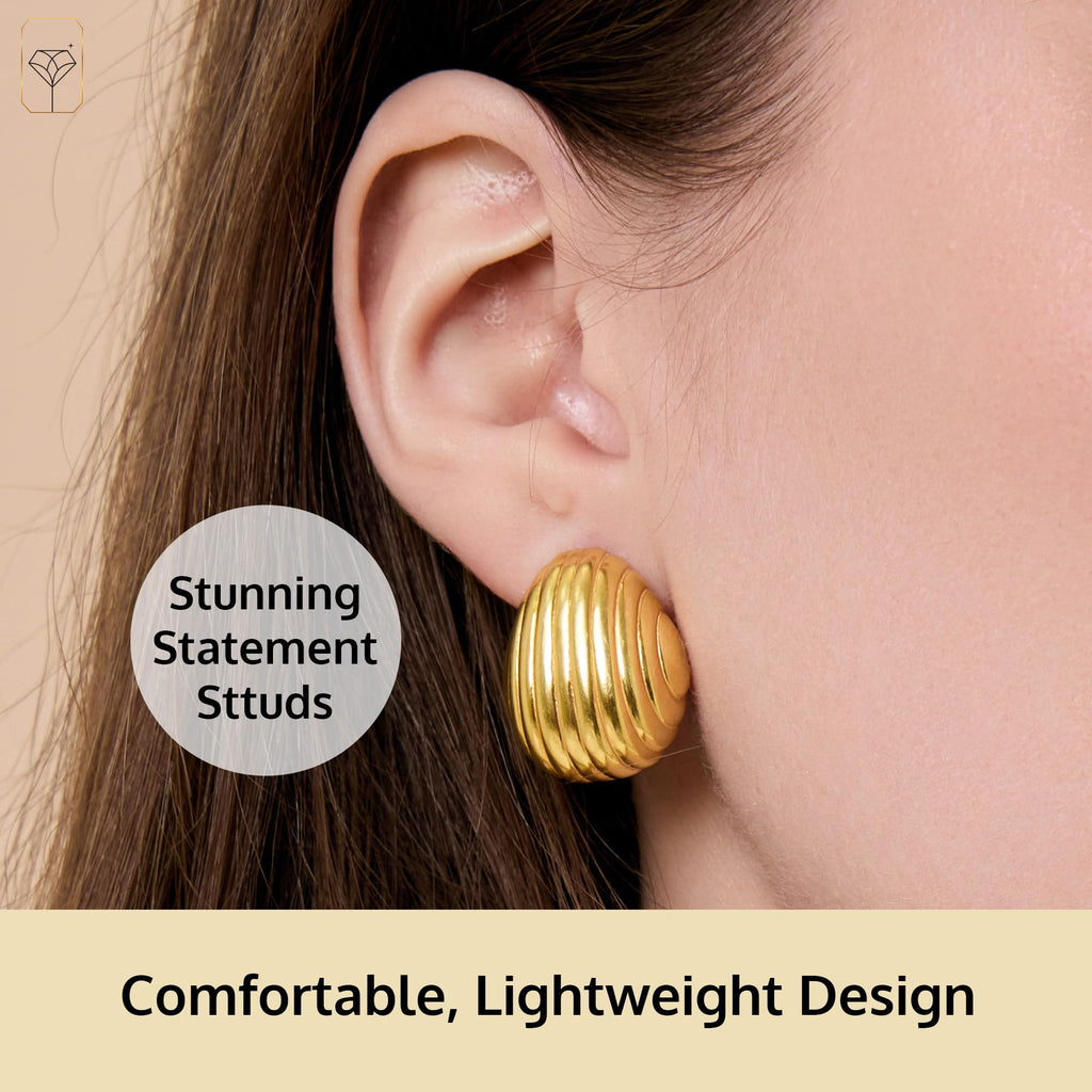 14K Yellow Gold Plated Trendy Round Statement Stud Earrings with Pushbacks